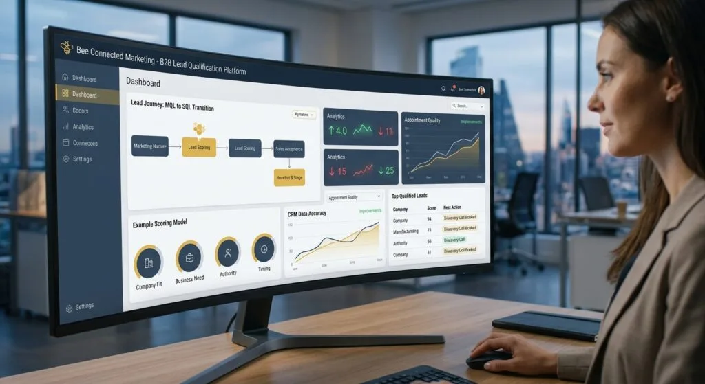 A professional woman working in a modern office, viewing a B2B sales intelligence dashboard on an ultra-wide monitor displaying lead qualification metrics, an MQL to SQL transition flow chart, and lead scoring models for Bee Connected Marketing.