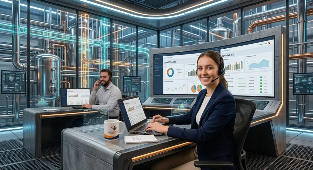 A B2B telemarketing team using accurate target data and verified contact lists for lead generation. A female SDR with a headset works at a desk with CRM data on a laptop, a notebook labeled "Verified Contacts," and a custom "Bee Connected Marketing" mug. A male colleague uses a headset in the background.
