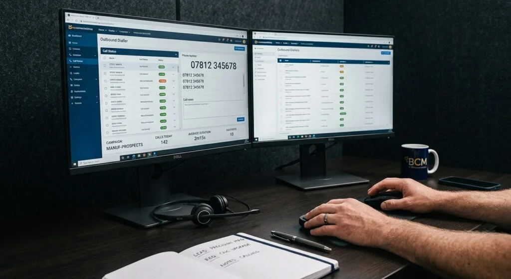 Dual-monitor dialler workspace setup for an outbound campaign, showing a dashboard with call metrics like calls